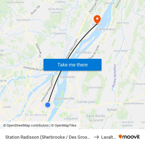 Station Radisson (Sherbrooke / Des Groseilliers) to Lavaltrie map