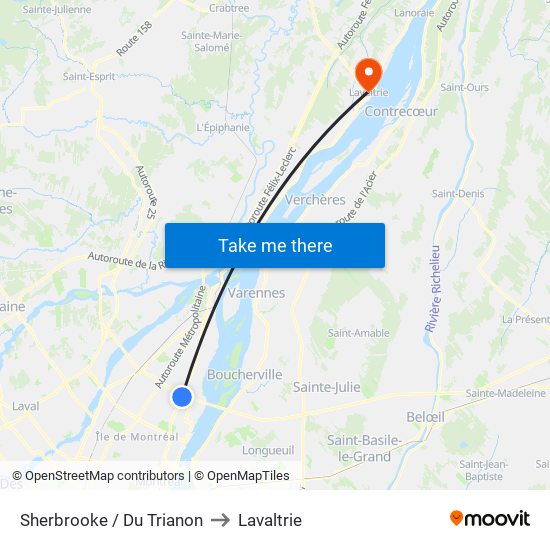 Sherbrooke / Du Trianon to Lavaltrie map