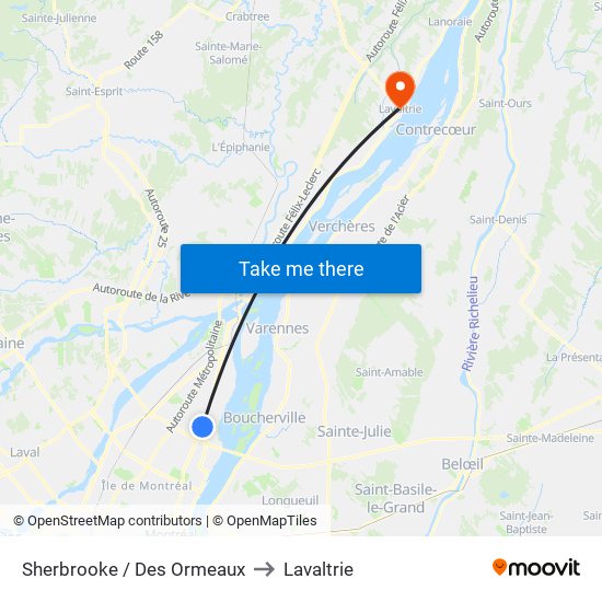 Sherbrooke / Des Ormeaux to Lavaltrie map