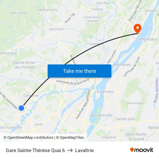 Gare Sainte-Thérèse Quai 6 to Lavaltrie map