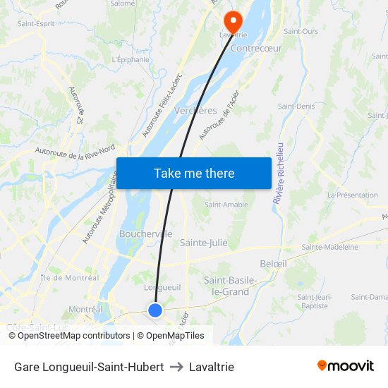 Gare Longueuil-Saint-Hubert to Lavaltrie map