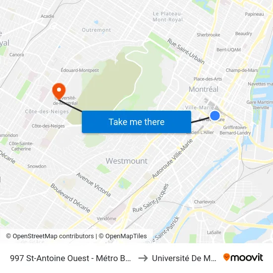 997 St-Antoine Ouest - Métro Bonaventure to Université De Montréal map