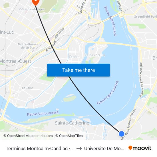 Terminus Montcalm-Candiac - Quai 5 to Université De Montréal map