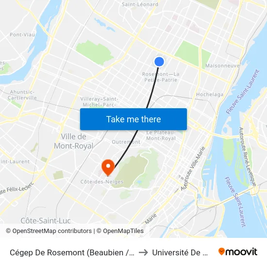 Cégep De Rosemont (Beaubien / 16e Avenue) to Université De Montréal map