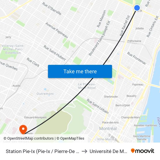 Station Pie-Ix (Pie-Ix / Pierre-De Coubertin) to Université De Montréal map