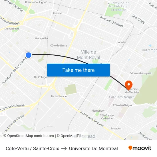Côte-Vertu / Sainte-Croix to Université De Montréal map