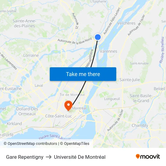 Gare Repentigny to Université De Montréal map