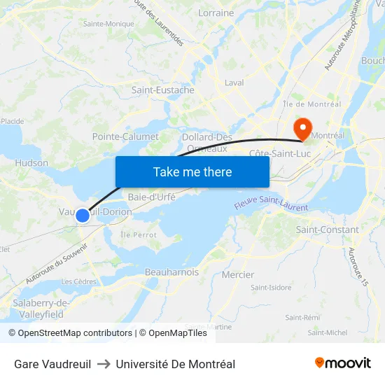 Gare Vaudreuil to Université De Montréal map