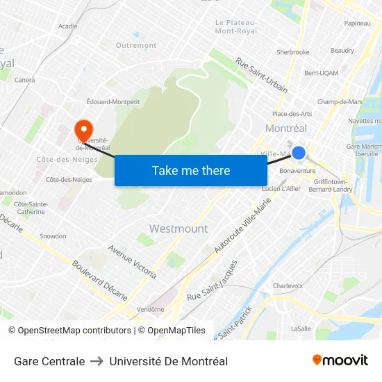 Gare Centrale to Université De Montréal map