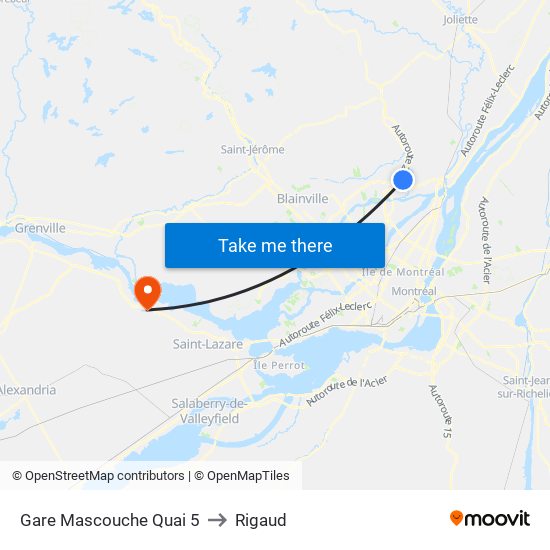 Gare Mascouche Quai 5 to Rigaud map