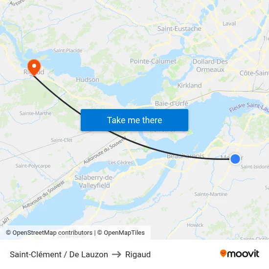 Saint-Clément / De Lauzon to Rigaud map