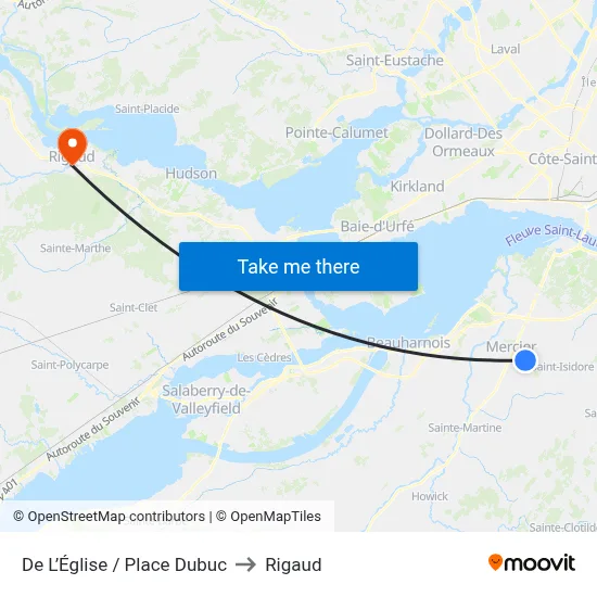 De L’Église / Place Dubuc to Rigaud map