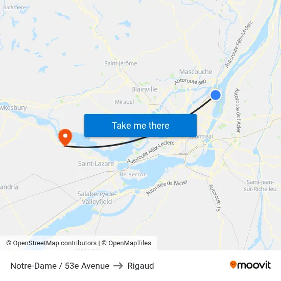 Notre-Dame / 53e Avenue to Rigaud map