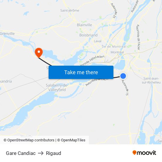 Gare Candiac to Rigaud map