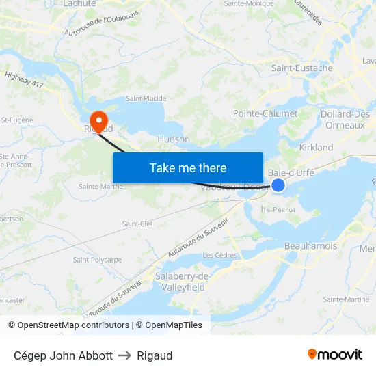 Cégep John Abbott to Rigaud map