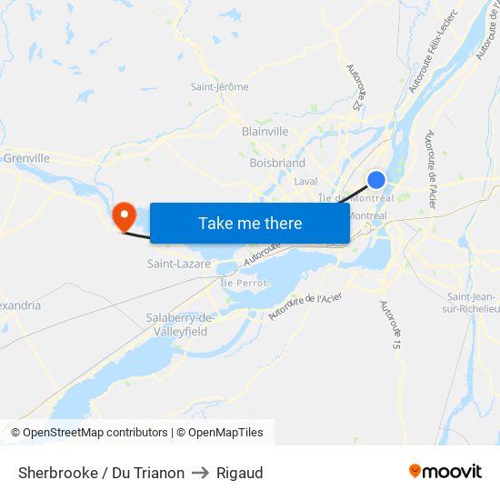 Sherbrooke / Du Trianon to Rigaud map