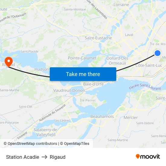 Station Acadie to Rigaud map