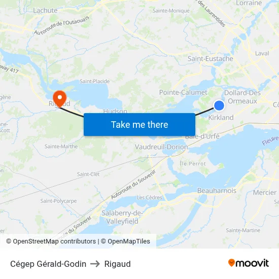 Cégep Gérald-Godin to Rigaud map