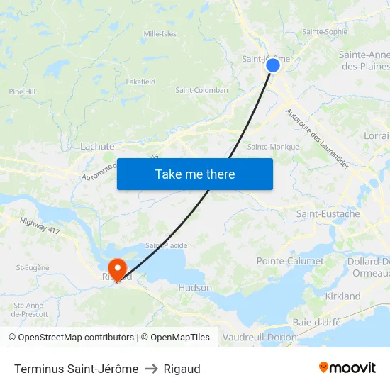 Terminus Saint-Jérôme to Rigaud map