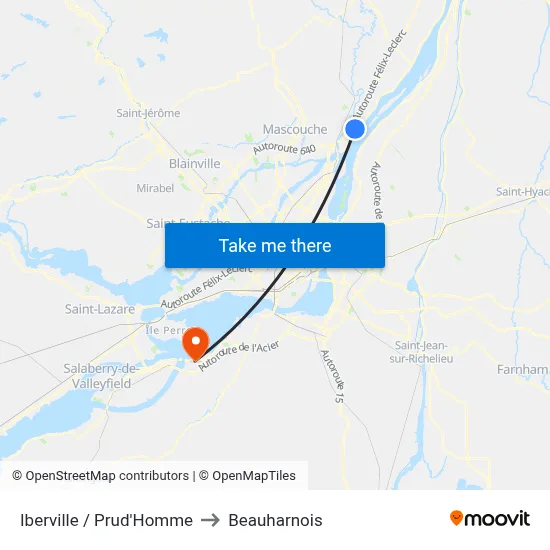 Iberville / Prud'Homme to Beauharnois map