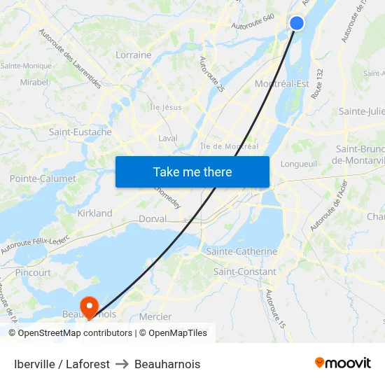 Iberville / Laforest to Beauharnois map
