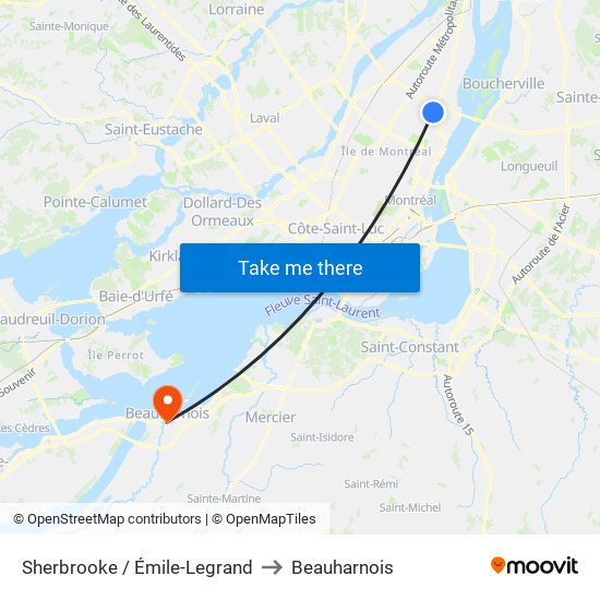 Sherbrooke / Émile-Legrand to Beauharnois map