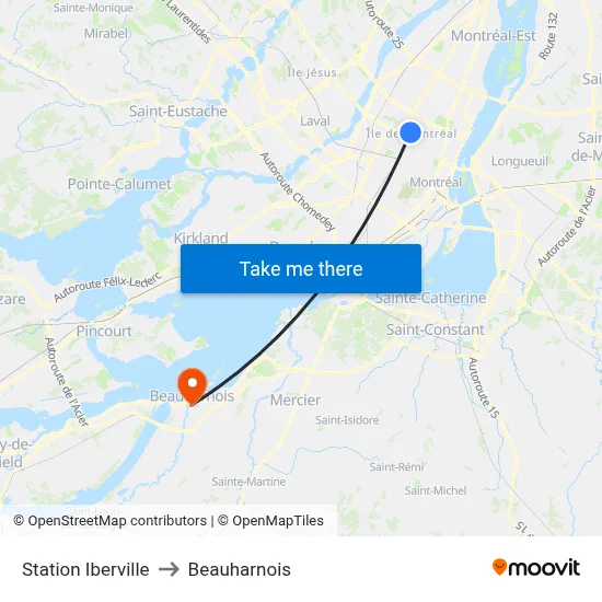 Station Iberville to Beauharnois map