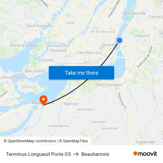 Terminus Longueuil Porte G5 to Beauharnois map