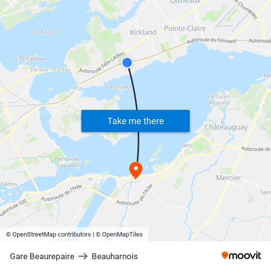 Gare Beaurepaire to Beauharnois map