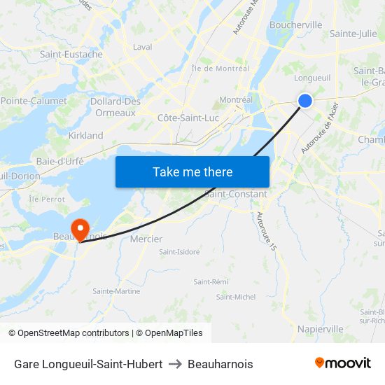 Gare Longueuil-Saint-Hubert to Beauharnois map