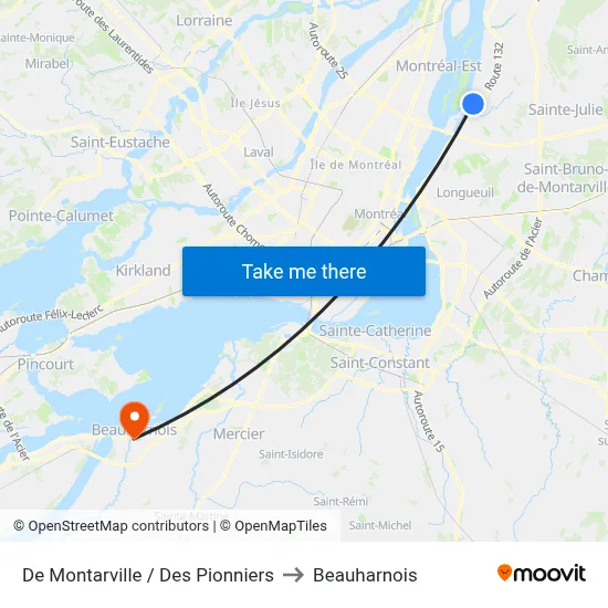 De Montarville / Des Pionniers to Beauharnois map