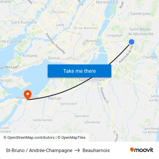 St-Bruno / Andrée-Champagne to Beauharnois map