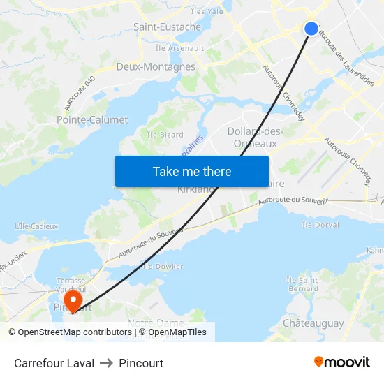 Carrefour Laval to Pincourt map