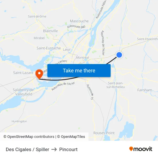 Des Cigales / Spiller to Pincourt map