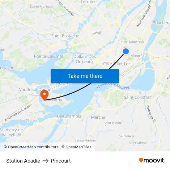 Station Acadie to Pincourt map