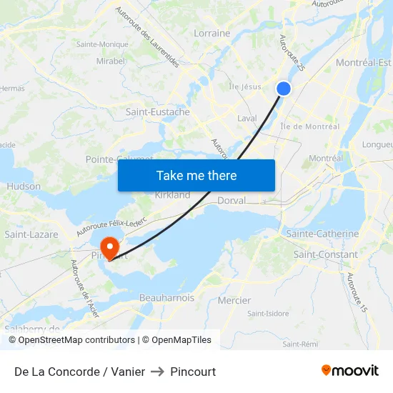 De La Concorde / Vanier to Pincourt map