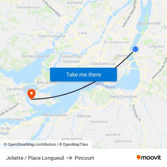 Joliette / Place Longueuil to Pincourt map