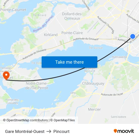 Gare Montréal-Ouest to Pincourt map