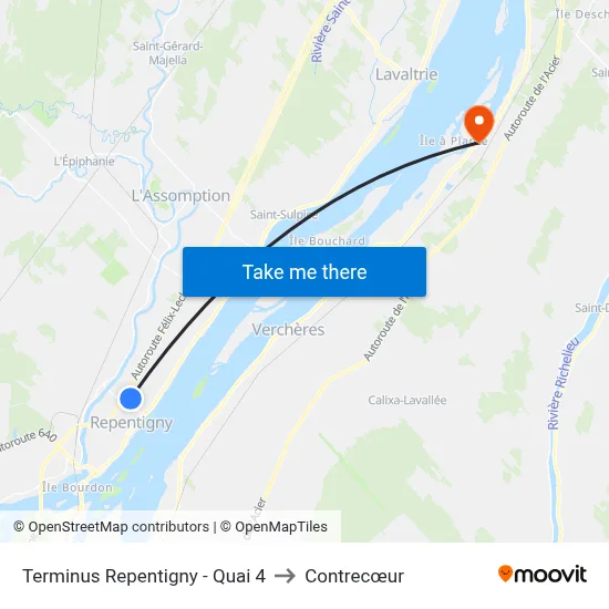 Terminus Repentigny - Quai 4 to Contrecœur map