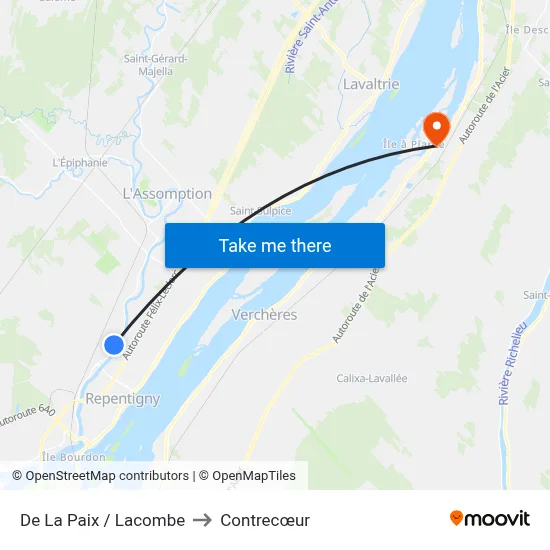 De La Paix / Lacombe to Contrecœur map