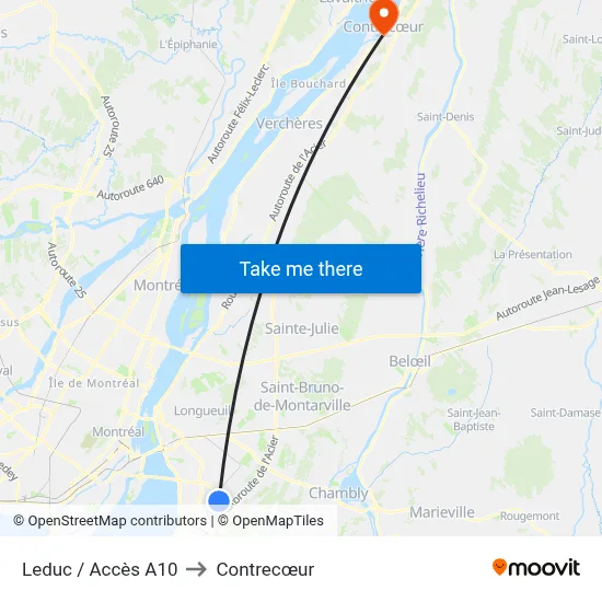 Leduc / Accès A10 to Contrecœur map