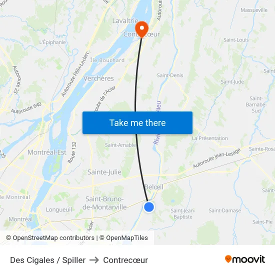 Des Cigales / Spiller to Contrecœur map