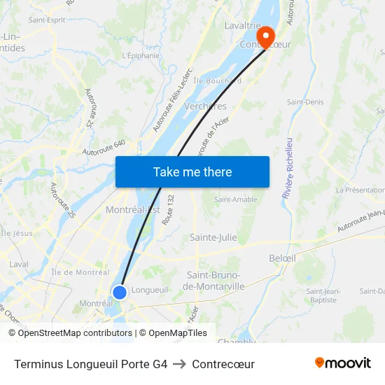 Terminus Longueuil Porte G4 to Contrecœur map