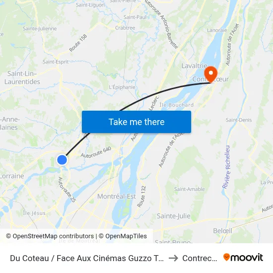 Du Coteau / Face Aux Cinémas Guzzo Terrebonne to Contrecœur map