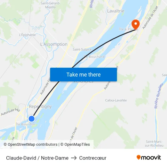 Claude-David / Notre-Dame to Contrecœur map