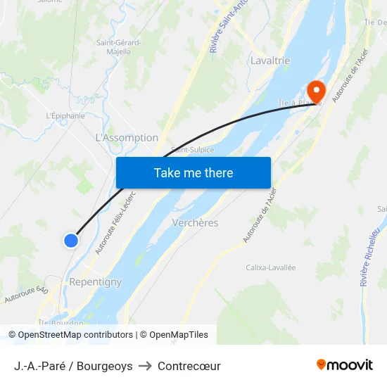 J.-A.-Paré / Bourgeoys to Contrecœur map