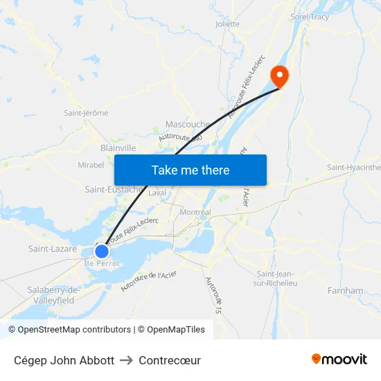 Cégep John Abbott to Contrecœur map
