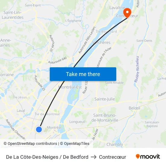 De La Côte-Des-Neiges / De Bedford to Contrecœur map