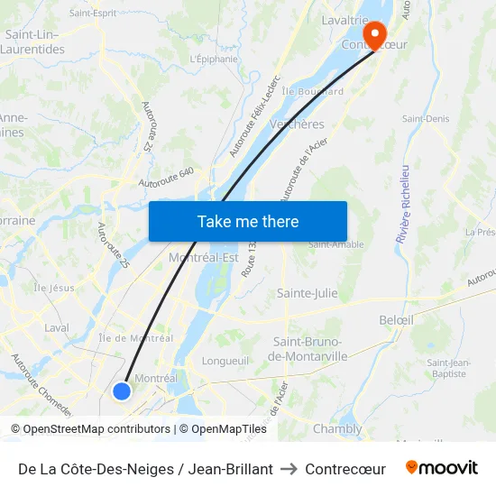 De La Côte-Des-Neiges / Jean-Brillant to Contrecœur map