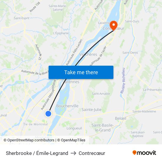 Sherbrooke / Émile-Legrand to Contrecœur map